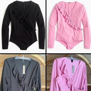 NWT J Crew Pink or Black Ruffle Faux Wrap Long Sleeve Bodysuit Top Size Medium